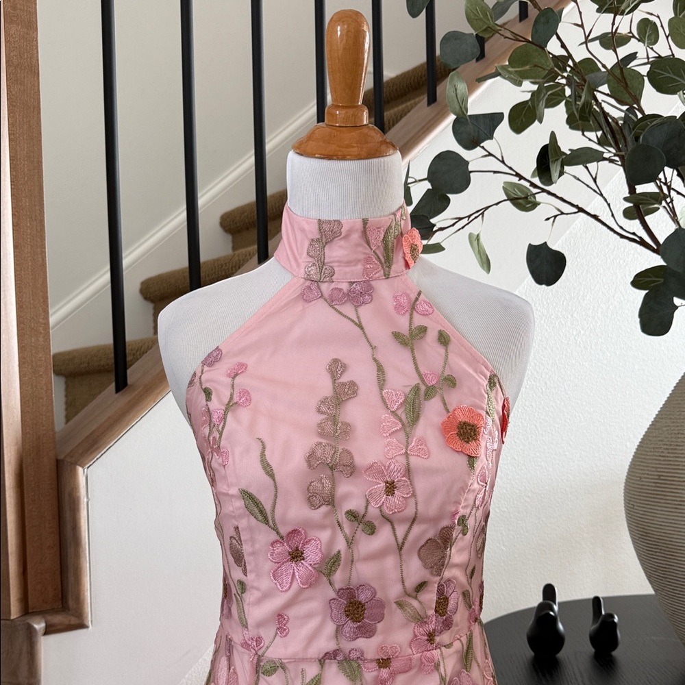 Lulus Pink Floral Embroidered Midi Dress, 3D Appliqué Halter Size: small - Picture 7 of 11